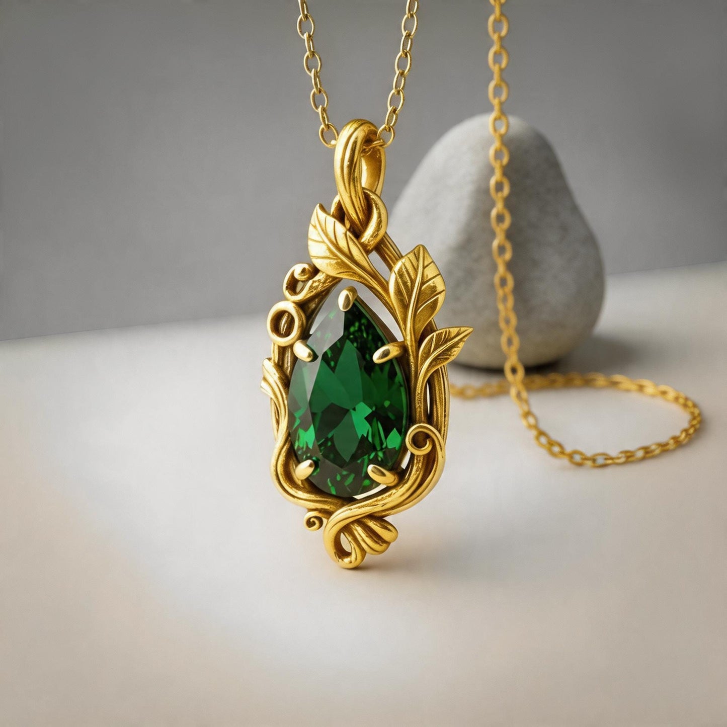 Emerald Teardrop Necklace | Gold Plated Sterling Silver Pendant | Gothic Romantic Vintage Fantasy Jewelry | Anniversary Gift for Her