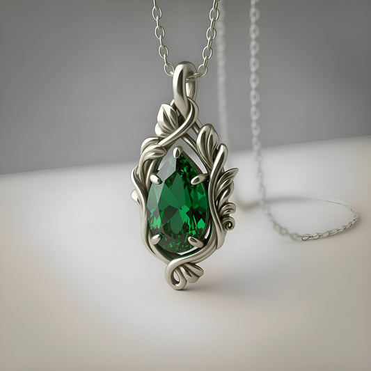 Emerald Teardrop Necklace | 925 Sterling Silver Pendant | Gothic Romantic Nature Jewelry | Anniversary Gift for Her