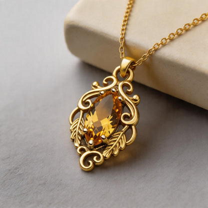Marquise Yellow Topaz Necklace | 925 Sterling Silver Pendant | Baroque Vintage Romantic Jewelry | Gift for Her