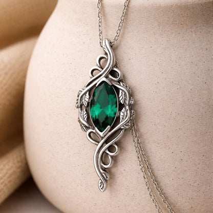 Marquise Emerald Necklace | 925 Sterling Silver Elven Pendant | Soft Gothic Vintage Botanical Jewelry | Gift for Nature Lovers