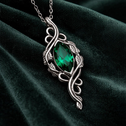 Marquise Emerald Necklace | 925 Sterling Silver Elven Pendant | Soft Gothic Vintage Botanical Jewelry | Gift for Nature Lovers
