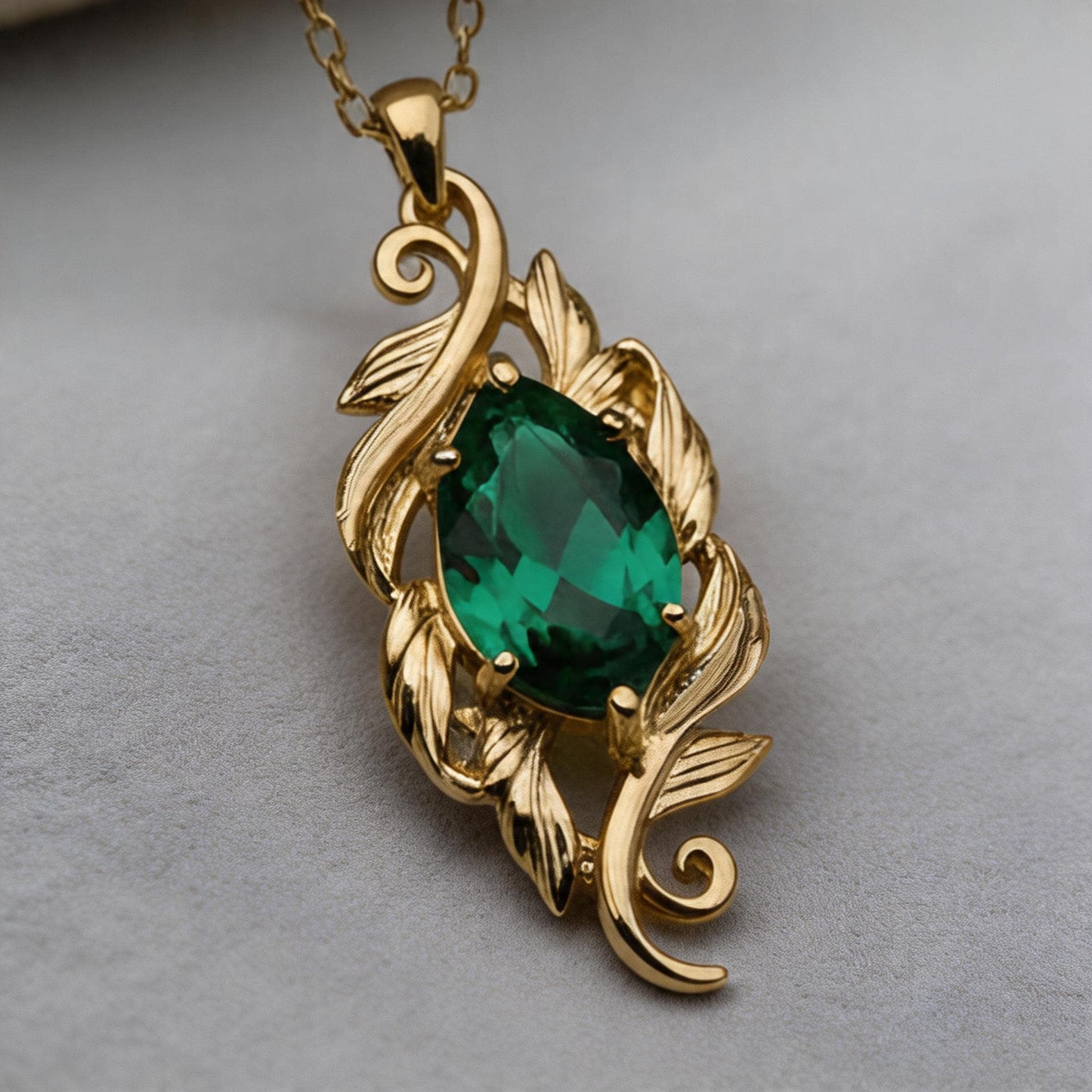 Marquise Emerald Necklace | 925 Sterling Silver Gold Plated Pendant | Classic Romantic Vintage Botanical Jewelry | Elegant Gift for Her