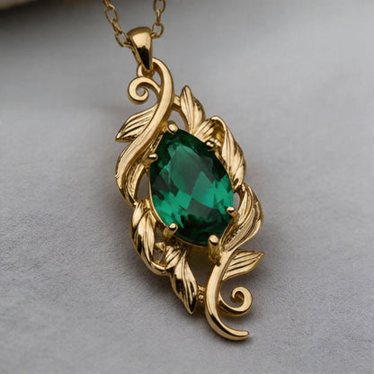 Marquise Emerald Necklace | 925 Sterling Silver Gold Plated Pendant | Classic Romantic Vintage Botanical Jewelry | Elegant Gift for Her