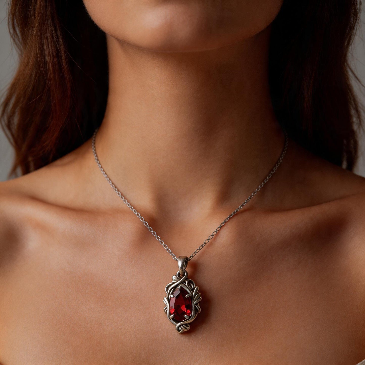 Ruby Teardrop Necklace | 925 Sterling Silver Pendant | Gothic Romantic Vintage Fantasy Jewelry | Anniversary Gift for Her