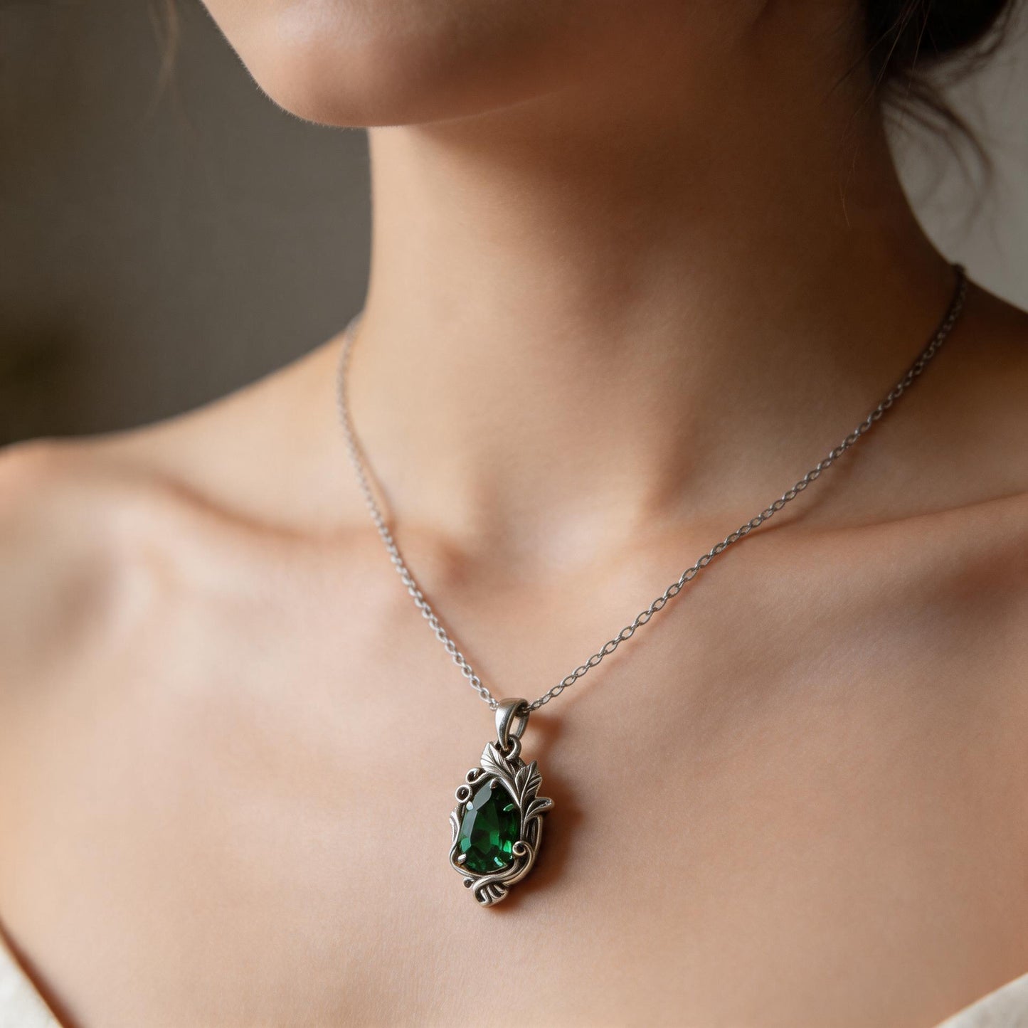 Emerald Teardrop Necklace | Gold Plated Sterling Silver Pendant | Gothic Romantic Vintage Fantasy Jewelry | Anniversary Gift for Her