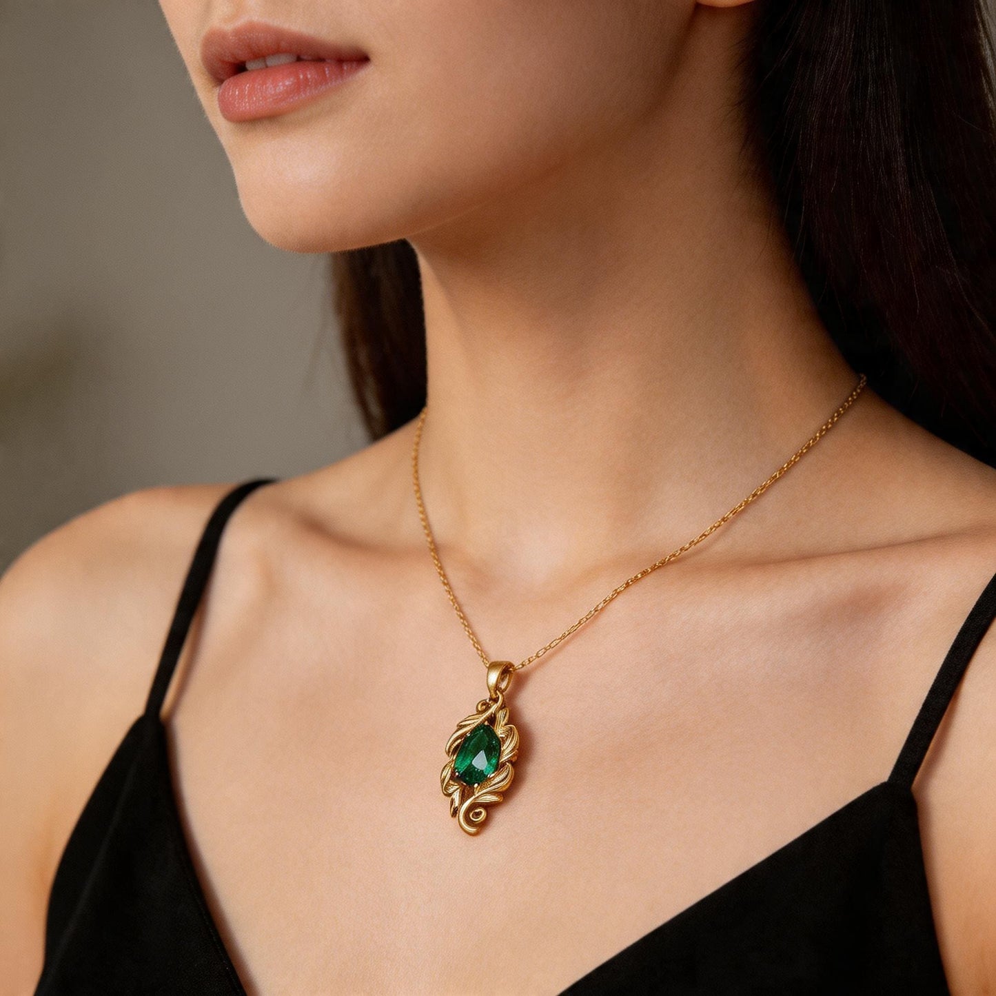Marquise Emerald Necklace | 925 Sterling Silver Gold Plated Pendant | Classic Romantic Vintage Botanical Jewelry | Elegant Gift for Her
