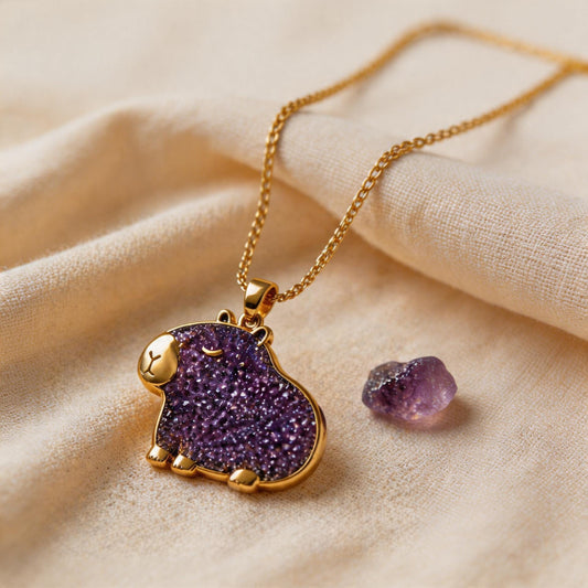 Close-up of handmade Capybara Druzy Amethyst Necklace | 925 Sterling Silver | Nature Animal Minimalist | Gift for Animal Lover