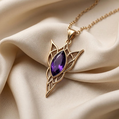 Elven Birthstone Pendant Necklace | Sterling Silver Amethyst | Elven Fantasy & Mystical Design | Meaningful Gift for Her