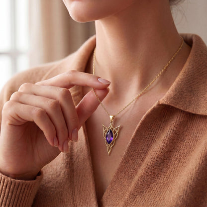Elven Birthstone Pendant Necklace | Sterling Silver Amethyst | Elven Fantasy & Mystical Design | Meaningful Gift for Her