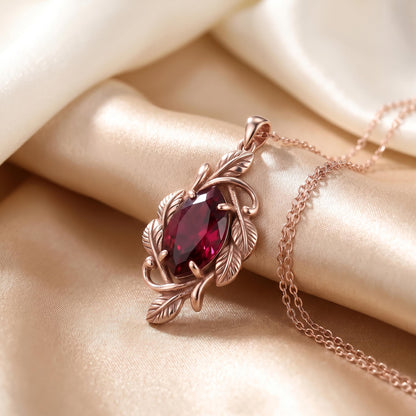 Crimson Leaf Vine Birthstone Necklace | 925 Sterling Silver | Nature Inspired Design | Thoughtful Birthday Gift