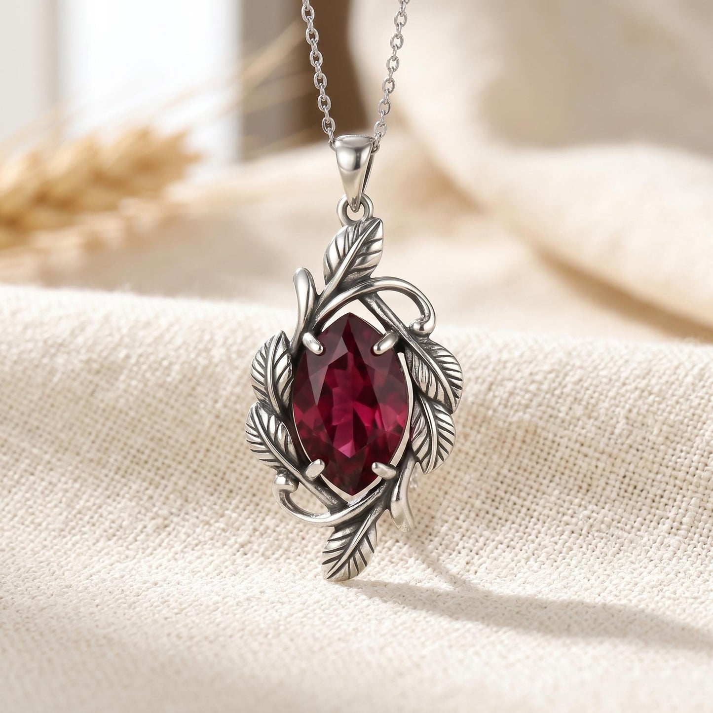 Crimson Leaf Vine Birthstone Necklace | 925 Sterling Silver | Nature Inspired Design | Thoughtful Birthday Gift
