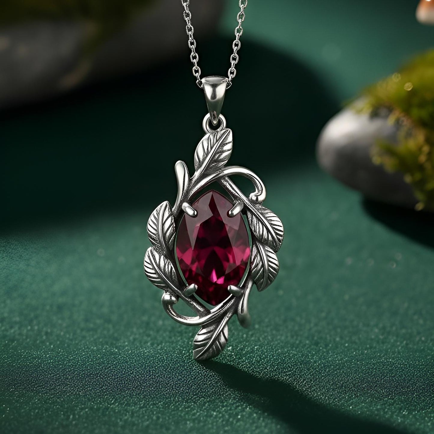 Crimson Leaf Vine Birthstone Necklace | 925 Sterling Silver | Nature Inspired Design | Thoughtful Birthday Gift