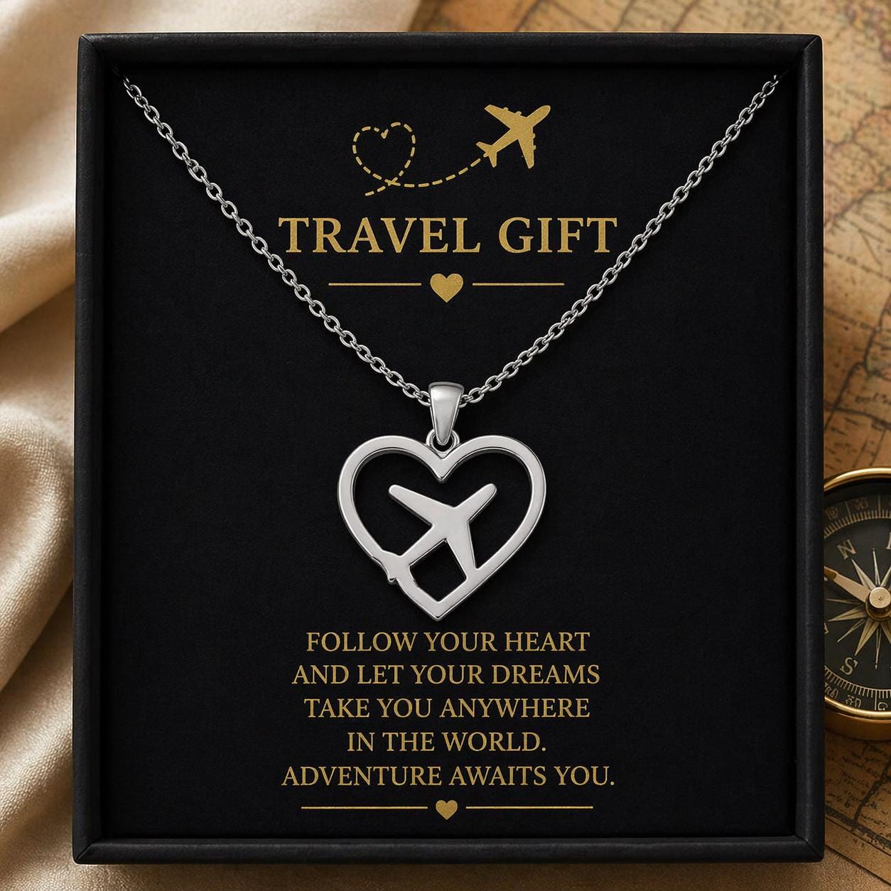 Heart Airplane Necklace, Handmade Sterling Silver Pendant, Minimalist Travel Jewelry