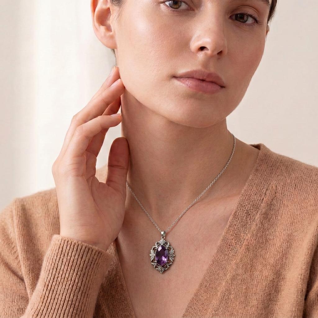 Custom Amethyst Baroque Frame Necklace | 925 Sterling Silver & Amethyst | Baroque Vintage Style | Meaningful Gift for Her
