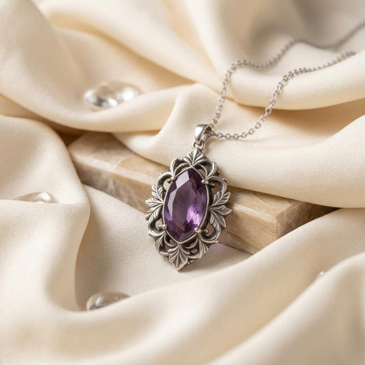 Custom Amethyst Baroque Frame Necklace | 925 Sterling Silver & Amethyst | Baroque Vintage Style | Meaningful Gift for Her