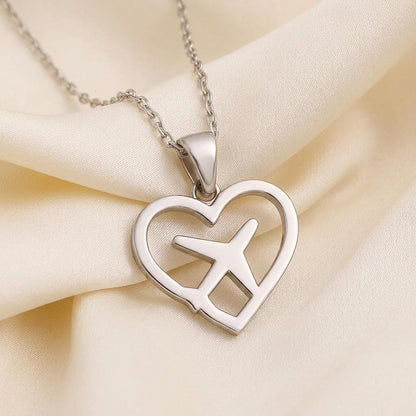 Heart Airplane Necklace, Handmade Sterling Silver Pendant, Minimalist Travel Jewelry
