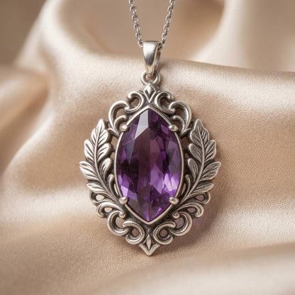Personalized Birthstone Amethyst Necklace | 925 Sterling Silver | Vintage Floral Design | Meaningful Birthday Gift