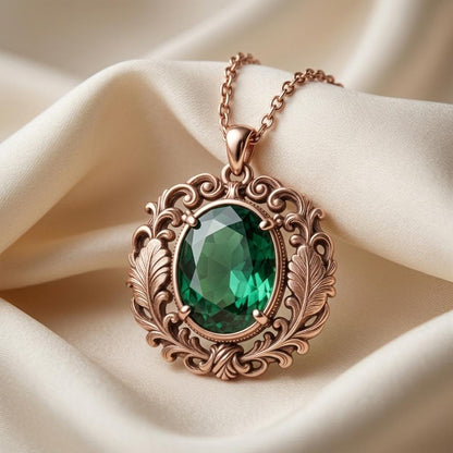 Vintage Emerald Birthstone Necklace | 925 Sterling Silver for Her | Ornate Botanical Design | Birthday Anniversary Gift