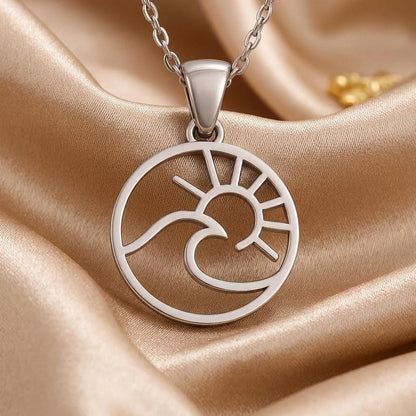 Wave and Sun Necklace, Handmade Sterling Silver Pendant, Minimalist Ocean Inspired Jewelry