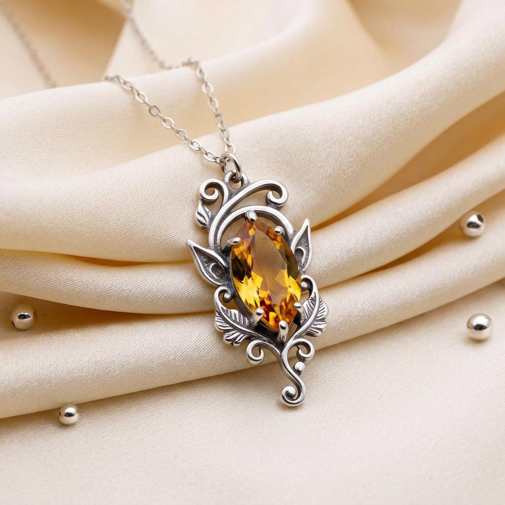 Elven Birthstone Necklace | 925 Sterling Silver Jewelry | Marquise Gem Fantasy Design | Magical Gift for Her