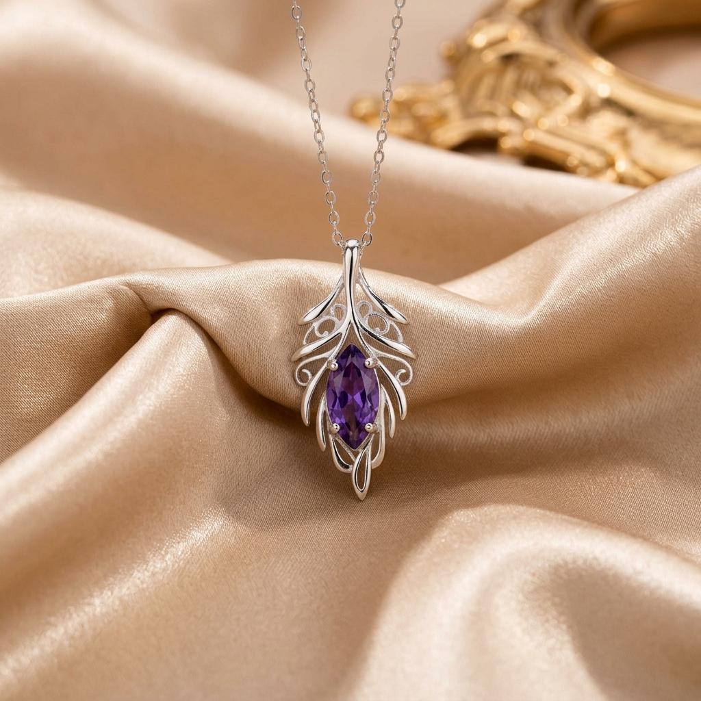 Elven Leaf Necklace | 925 Sterling Silver Jewelry | Amethyst Gem Fantasy Design | February Birthstone Gift for Her