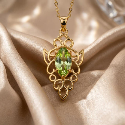 Elven Peridot Necklace | 14K Gold Plated Silver Jewelry | Green Gem Fantasy Design | August Birthstone Gift for Her