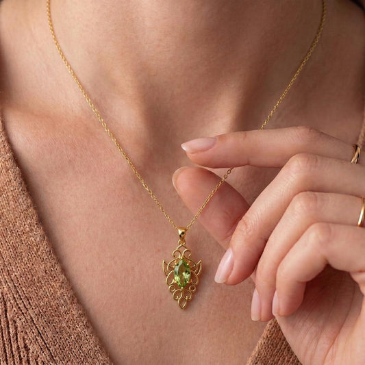 Elven Peridot Necklace | 14K Gold Plated Silver Jewelry | Green Gem Fantasy Design | August Birthstone Gift for Her
