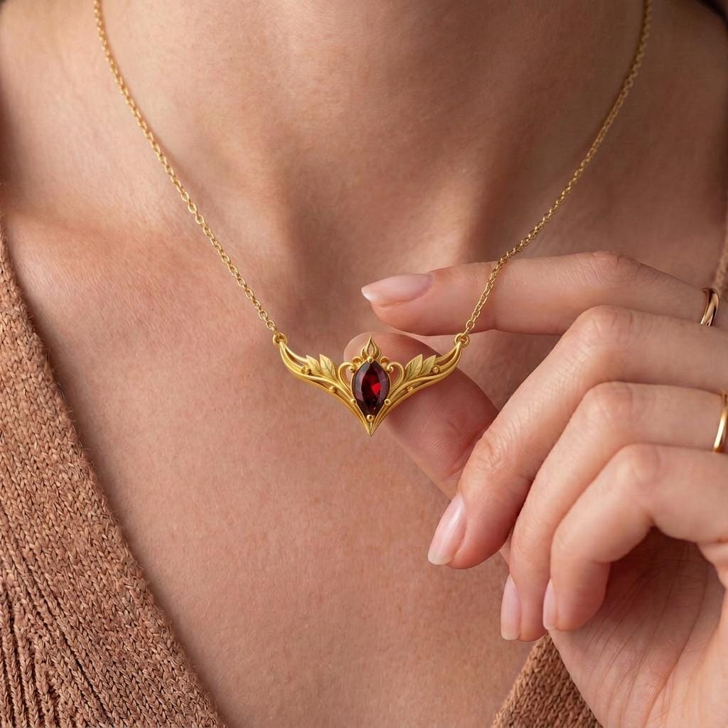 Elven Marquise Birthstone Necklace | 925 Sterling Silver Gold Plated | Leaf Wing Fantasy Design | Personalized Birthstone Gift