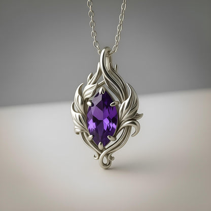 Amethyst Flame Necklace | 925 Sterling Silver Elegant Pendant | Nature Inspired Artistic Jewelry | Spiritual Gift for Her