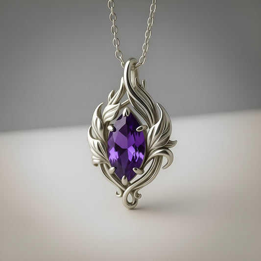 Amethyst Flame Necklace | 925 Sterling Silver Elegant Pendant | Nature Inspired Artistic Jewelry | Spiritual Gift for Her