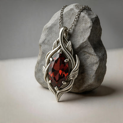 Marquise Garnet Necklace | 925 Sterling Silver Nature Leaf Pendant | Elegant Botanical Jewelry | Gift for Wife Anniversary