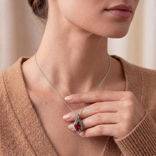 Close-up of handmade Ruby Flow Necklace | 925 Sterling Silver Artistic Pendant | Organic Nature Inspired Jewelry | Romantic Gift for Her
