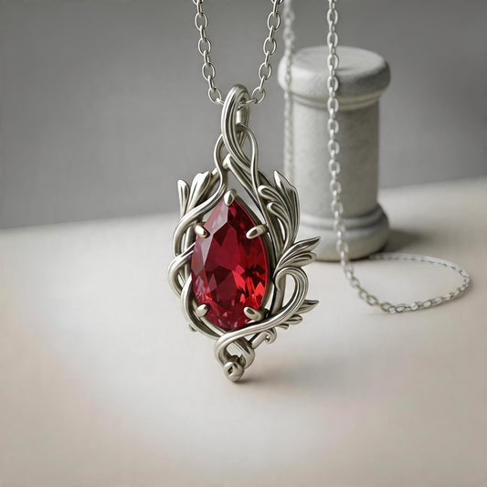 Ruby Teardrop Necklace | 925 Sterling Silver Vine Pendant | Romantic Nature Fantasy Jewelry | Anniversary Gift for Her