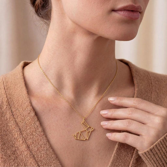 Front view of Origami Bunny Necklace | 925 Sterling Silver Womens Jewelry | Minimalist Animal Symbol Design | Meaningful Easter and Birthday Gift in 925 sterling silver