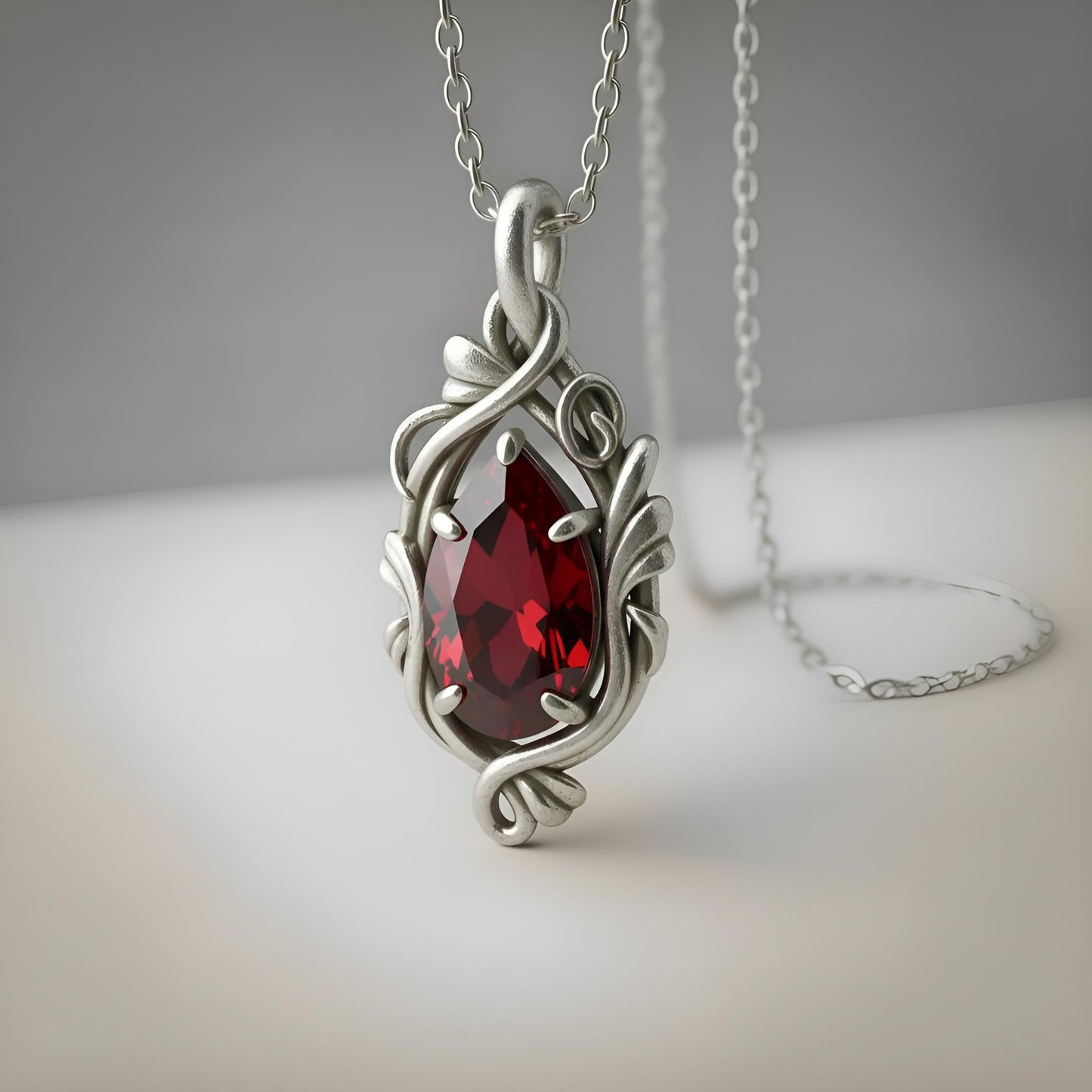 Ruby Teardrop Necklace | 925 Sterling Silver Pendant | Gothic Romantic Vintage Fantasy Jewelry | Anniversary Gift for Her
