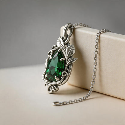 Emerald Teardrop Necklace | Gold Plated Sterling Silver Pendant | Gothic Romantic Vintage Fantasy Jewelry | Anniversary Gift for Her