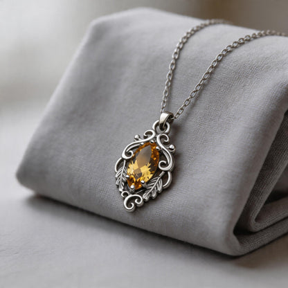 Marquise Yellow Topaz Necklace | 925 Sterling Silver Pendant | Baroque Vintage Romantic Jewelry | Gift for Her