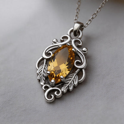 Marquise Yellow Topaz Necklace | 925 Sterling Silver Pendant | Baroque Vintage Romantic Jewelry | Gift for Her