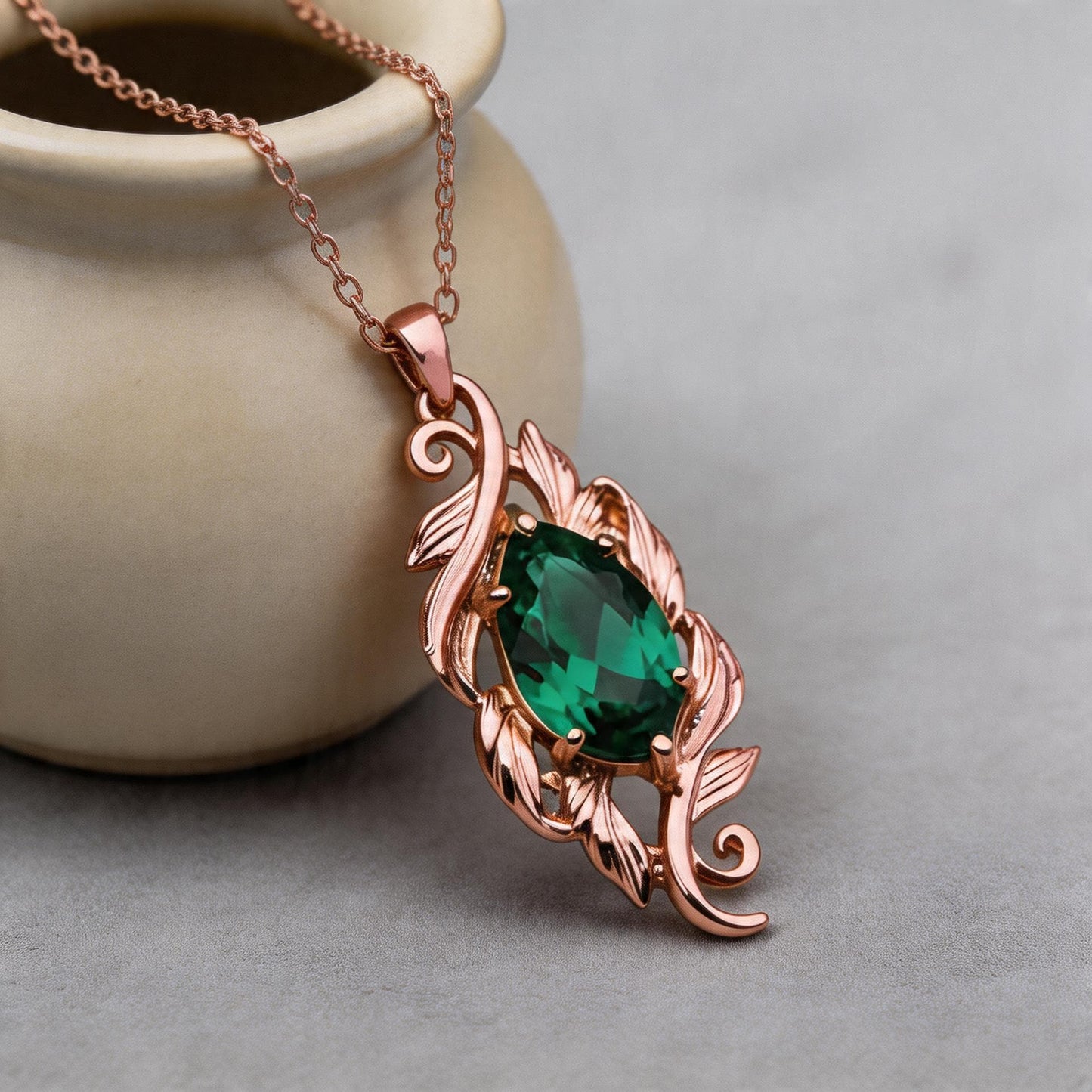 Marquise Emerald Necklace | 925 Sterling Silver Gold Plated Pendant | Classic Romantic Vintage Botanical Jewelry | Elegant Gift for Her
