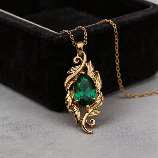 Marquise Emerald Necklace | 925 Sterling Silver Gold Plated Pendant | Classic Romantic Vintage Botanical Jewelry | Elegant Gift for Her