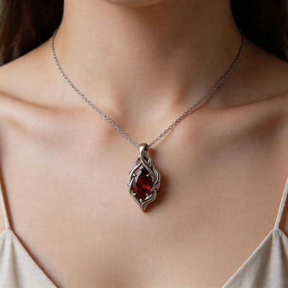 Marquise Garnet Necklace | 925 Sterling Silver Nature Leaf Pendant | Elegant Botanical Jewelry | Gift for Wife Anniversary