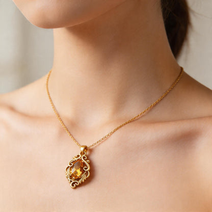 Marquise Yellow Topaz Necklace | 925 Sterling Silver Pendant | Baroque Vintage Romantic Jewelry | Gift for Her