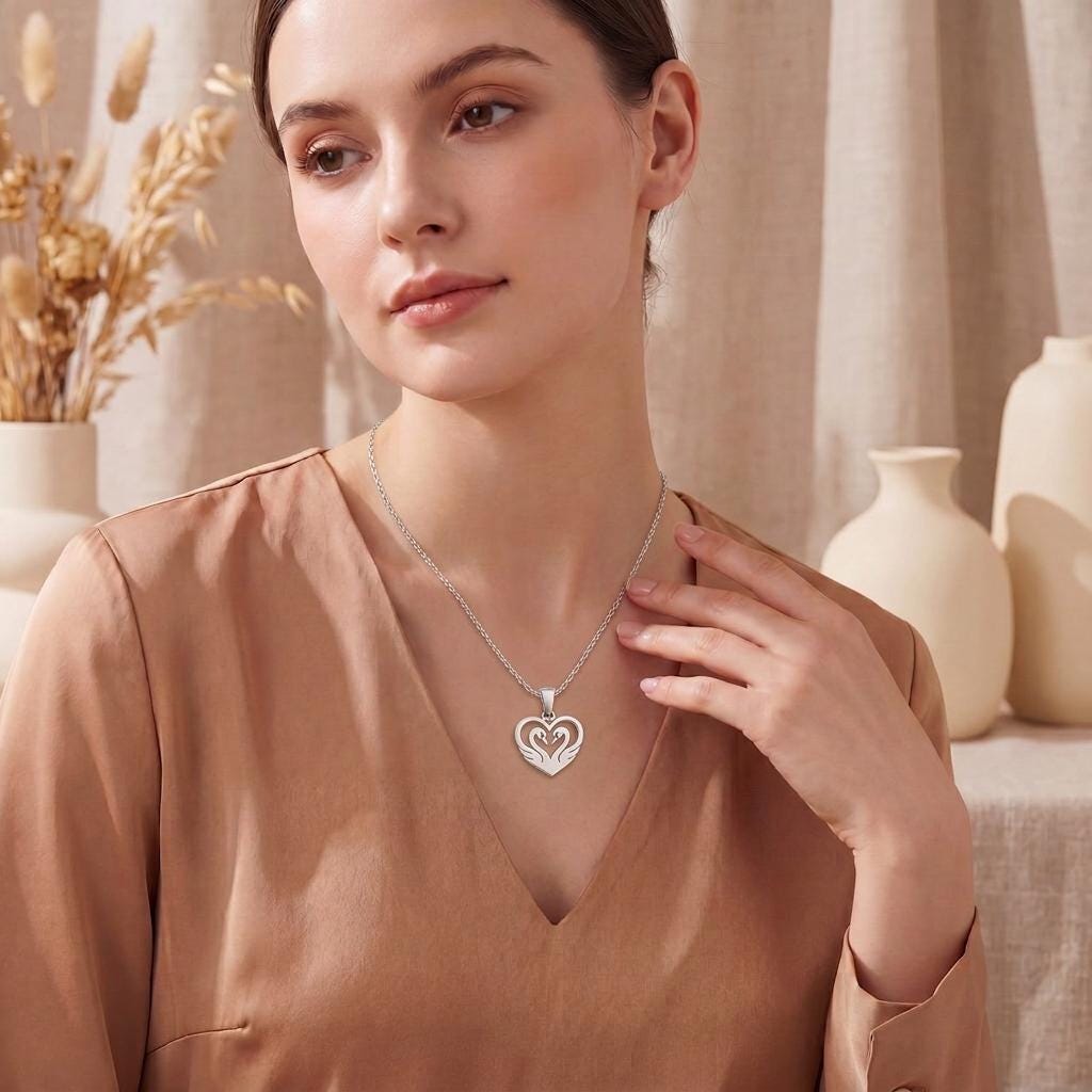 Heart Swan Necklace, Handmade Sterling Silver Pendant, Minimalist Jewelry