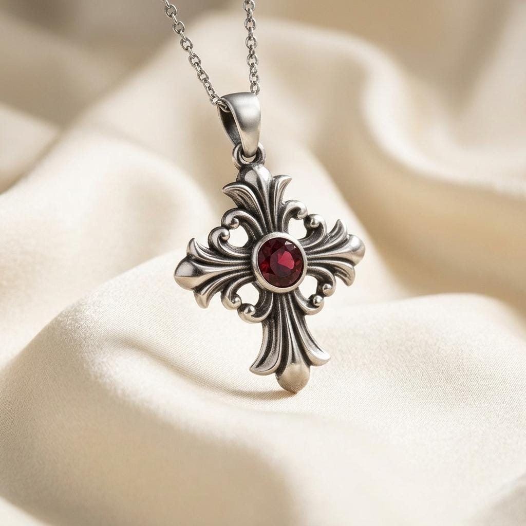 Birthstone Cross Necklace | 925 Sterling Silver | Gothic Baroque Faith Jewelry | Meaningful Spiritual Gift
