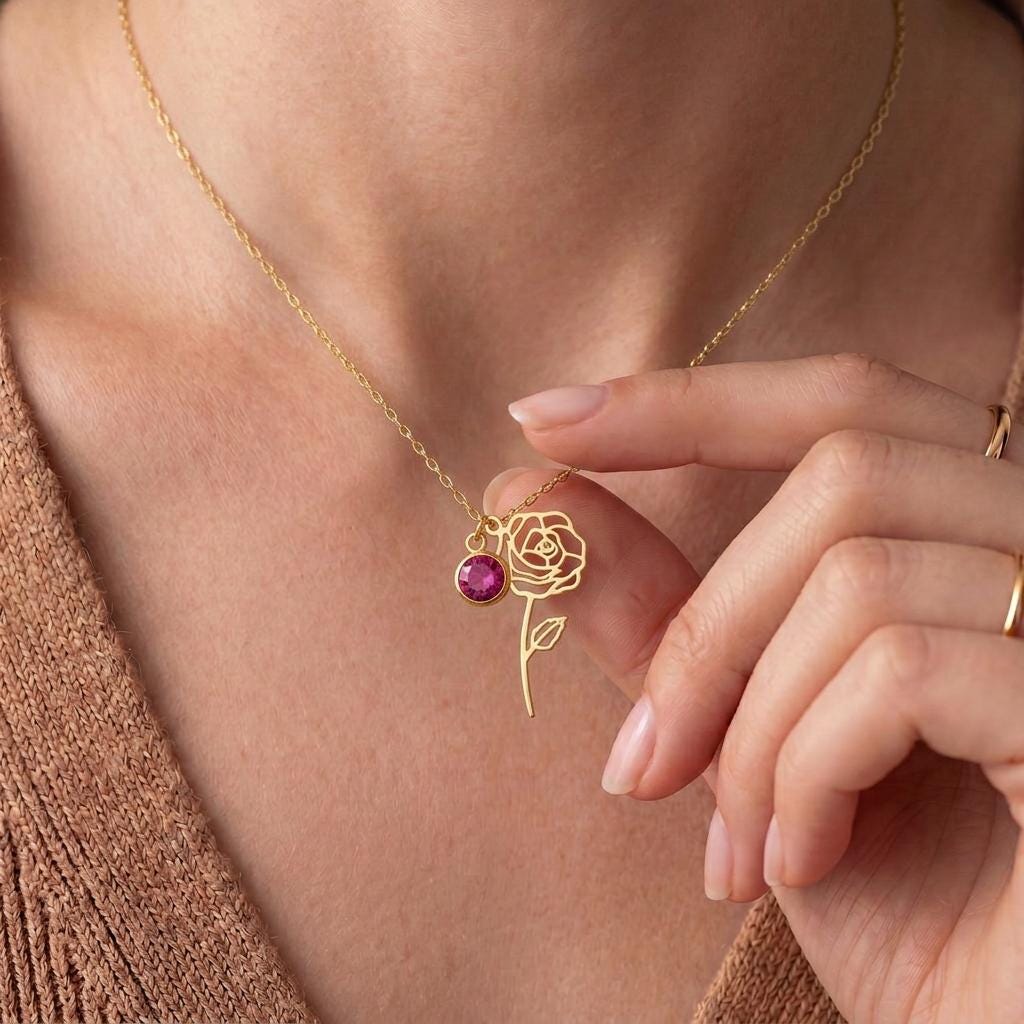 June Birth Flower & Birthstone Necklace | 925 Sterling Silver for Women | Rose Amethyst Botanical Jewelry | June Birthday Gift for Her