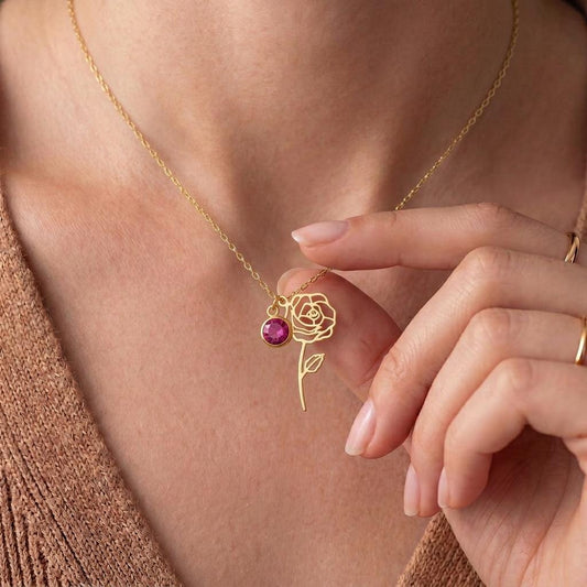 June Birth Flower & Birthstone Necklace | 925 Sterling Silver for Women | Rose Amethyst Botanical Jewelry | June Birthday Gift for Her