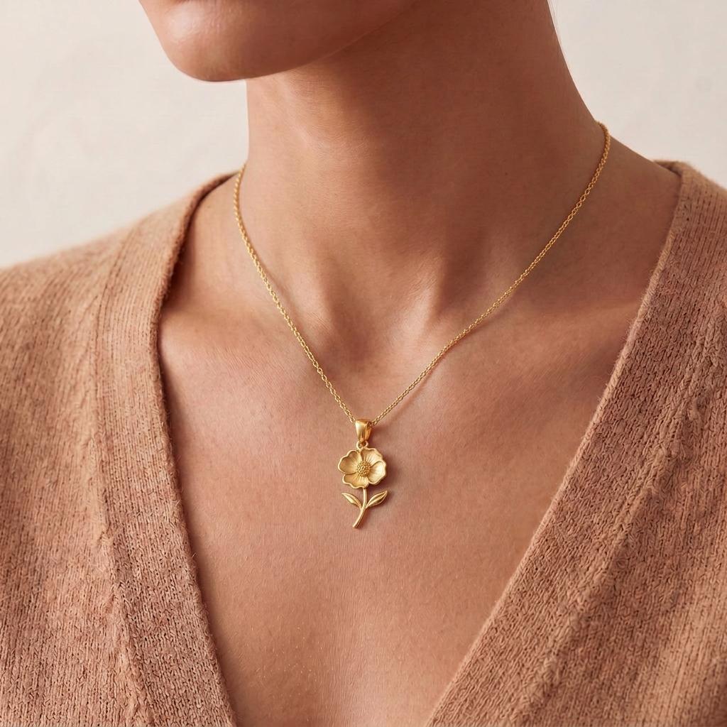 Handmade Poppy Flower Necklace | 18K Gold Plated 925 Silver Pendant | Botanical Floral Symbolism | Remembrance and Peace Gift