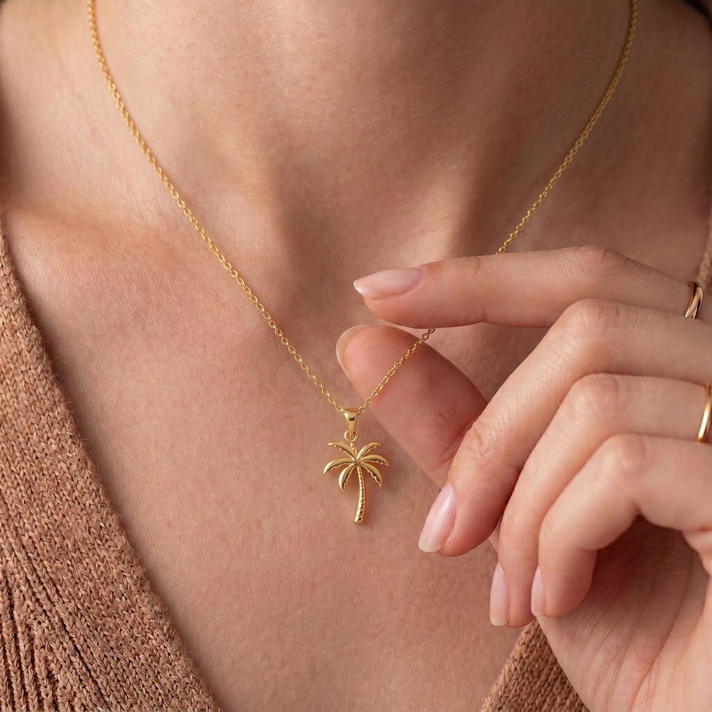 Palm Tree Necklace | Gold Plated Sterling Silver | Tropical Vacation Style | Summer Birthday Gift