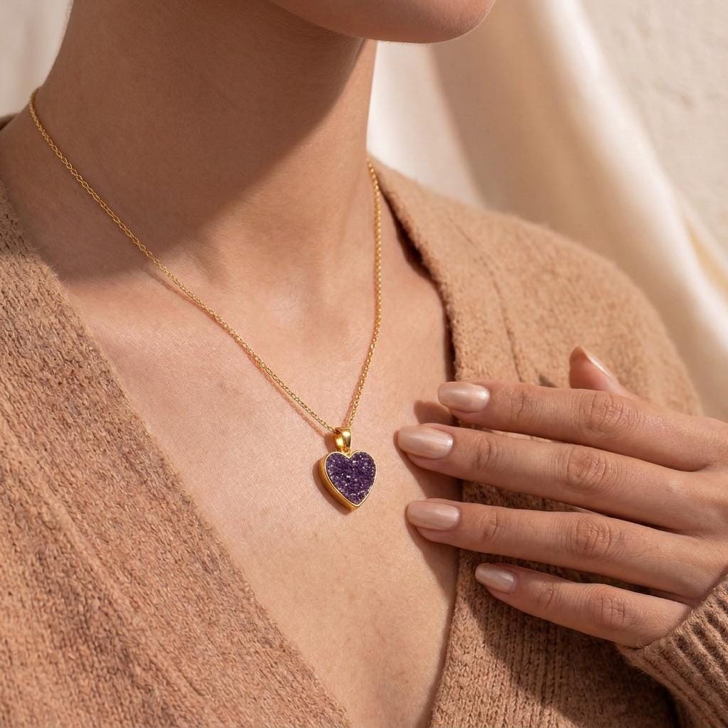 Amethyst druzy Heart Necklace | 925 Sterling Silver Jewelry | Elegant Gemstone Heart Design | Romantic & Special Occasion Gift