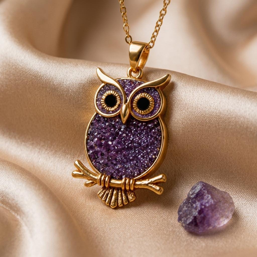 Amethyst Druzy Owl Necklace | 925 Sterling Silver | Nature Inspired Animal Design | Wisdom & Protection Gift